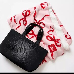 Victoria’s Secret Black Bling Tote & Pink Chalk Red Bow Cozy Throw Blanket Set